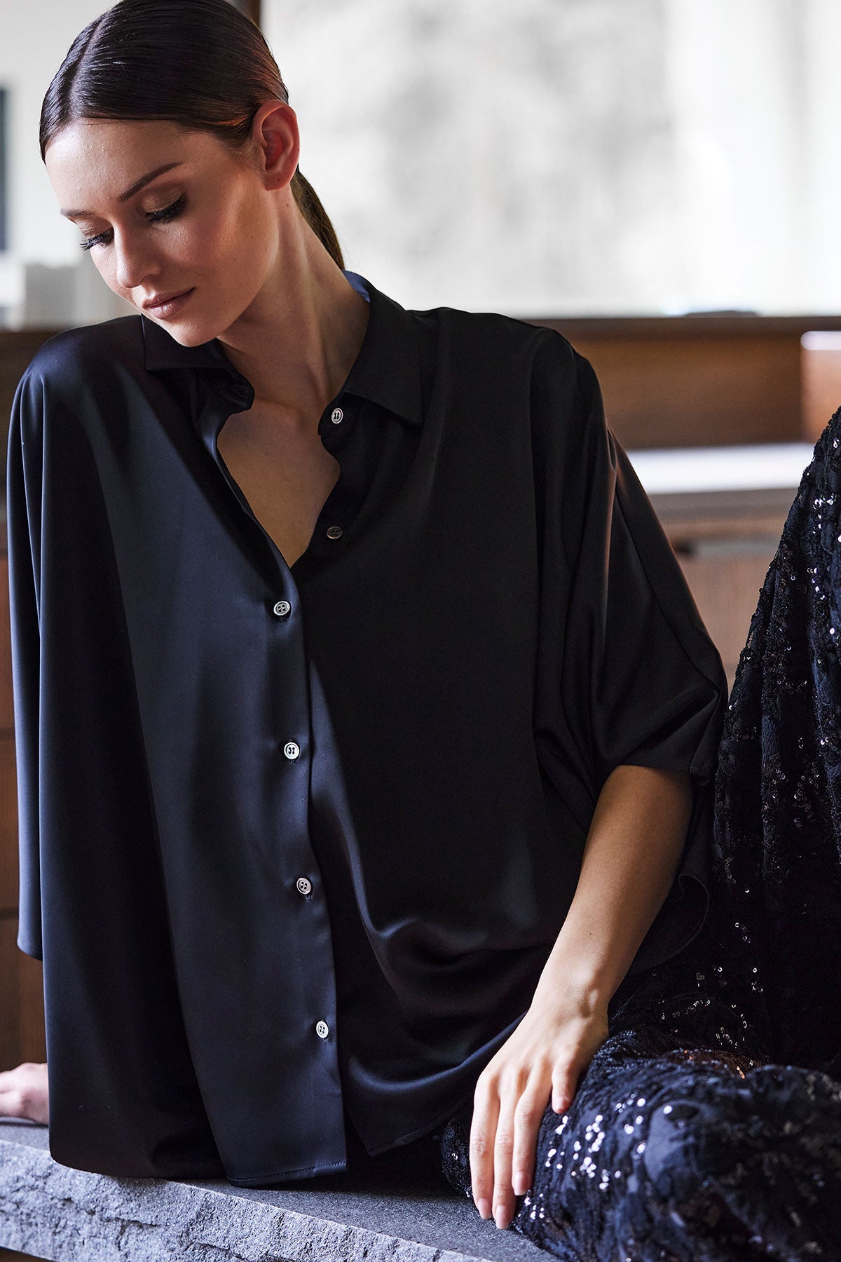 Luxe Charmeuse Button Down Caftan Shirt Black
