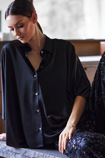Luxe Charmeuse Button Down Caftan Shirt Black