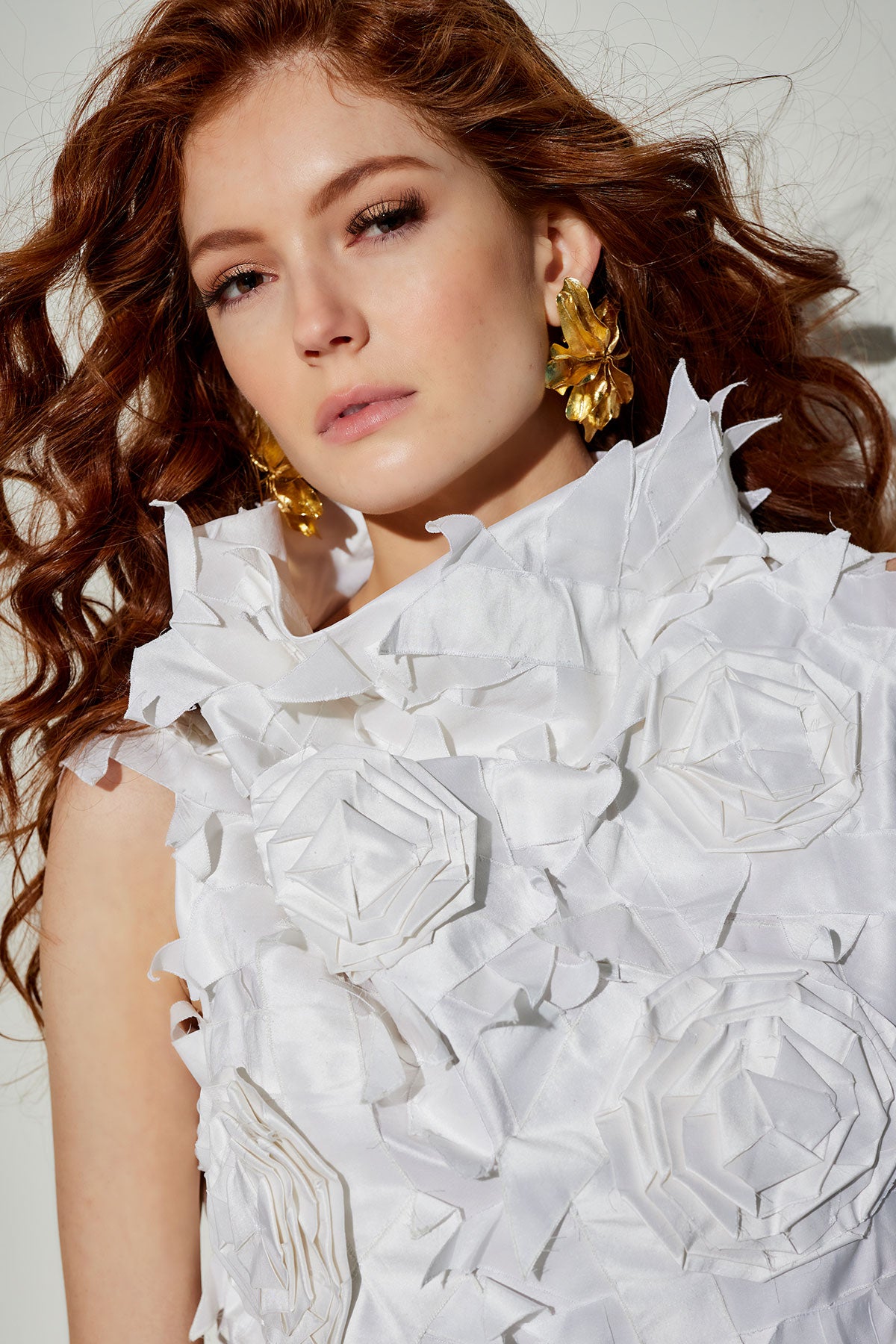 Couture Silk Dupioni Embellished Funnel Neck Top White