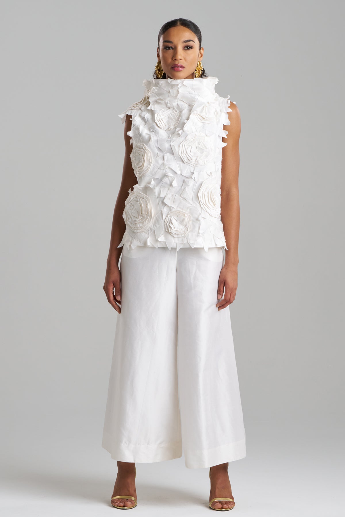 Couture Silk Dupioni Embellished Funnel Neck Top White