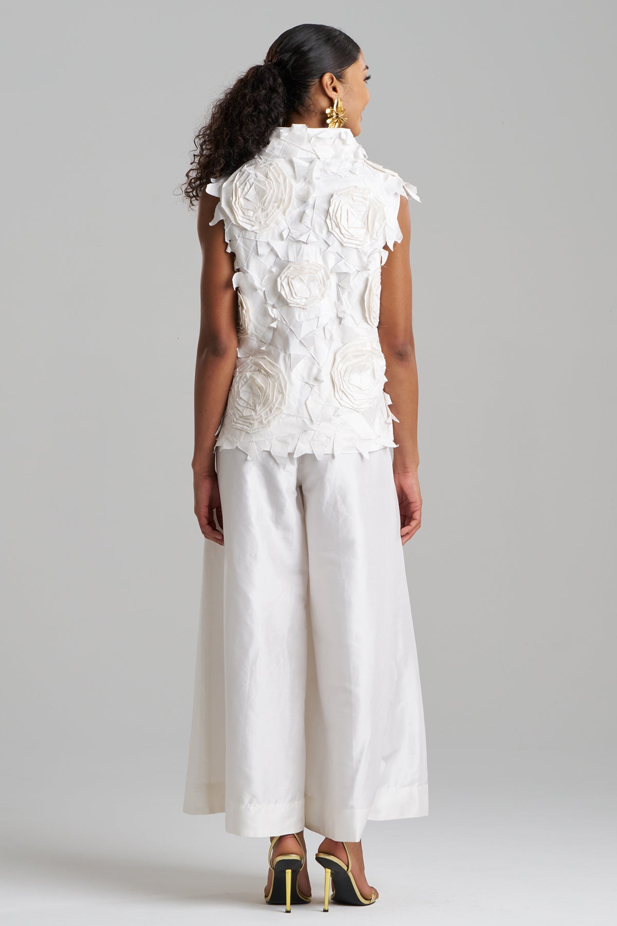 Couture Silk Dupioni Embellished Funnel Neck Top White