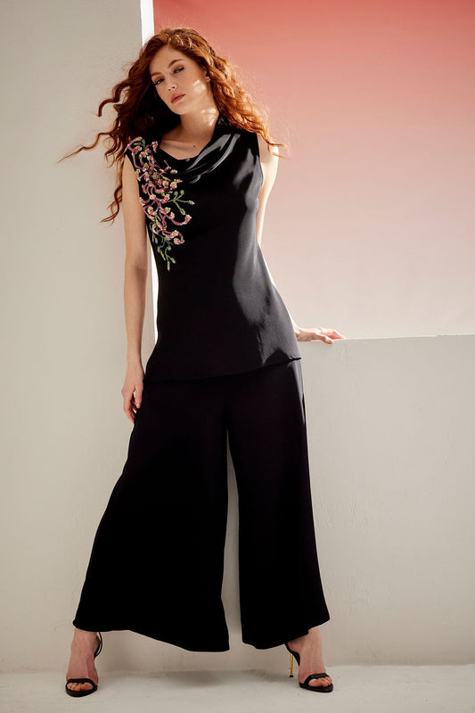 Couture Silk Crepe Embellished Funnel Neck Top Black