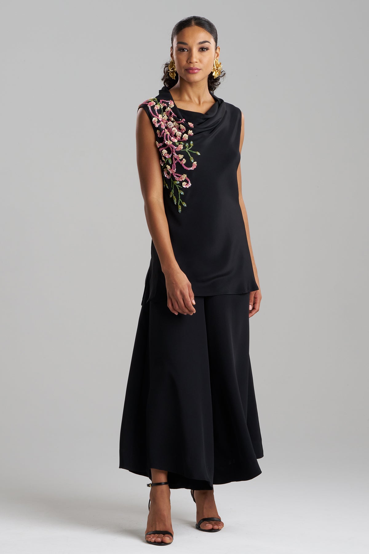 Couture Silk Crepe Embellished Funnel Neck Top Black