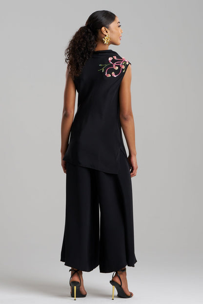 Couture Silk Crepe Embellished Funnel Neck Top Black