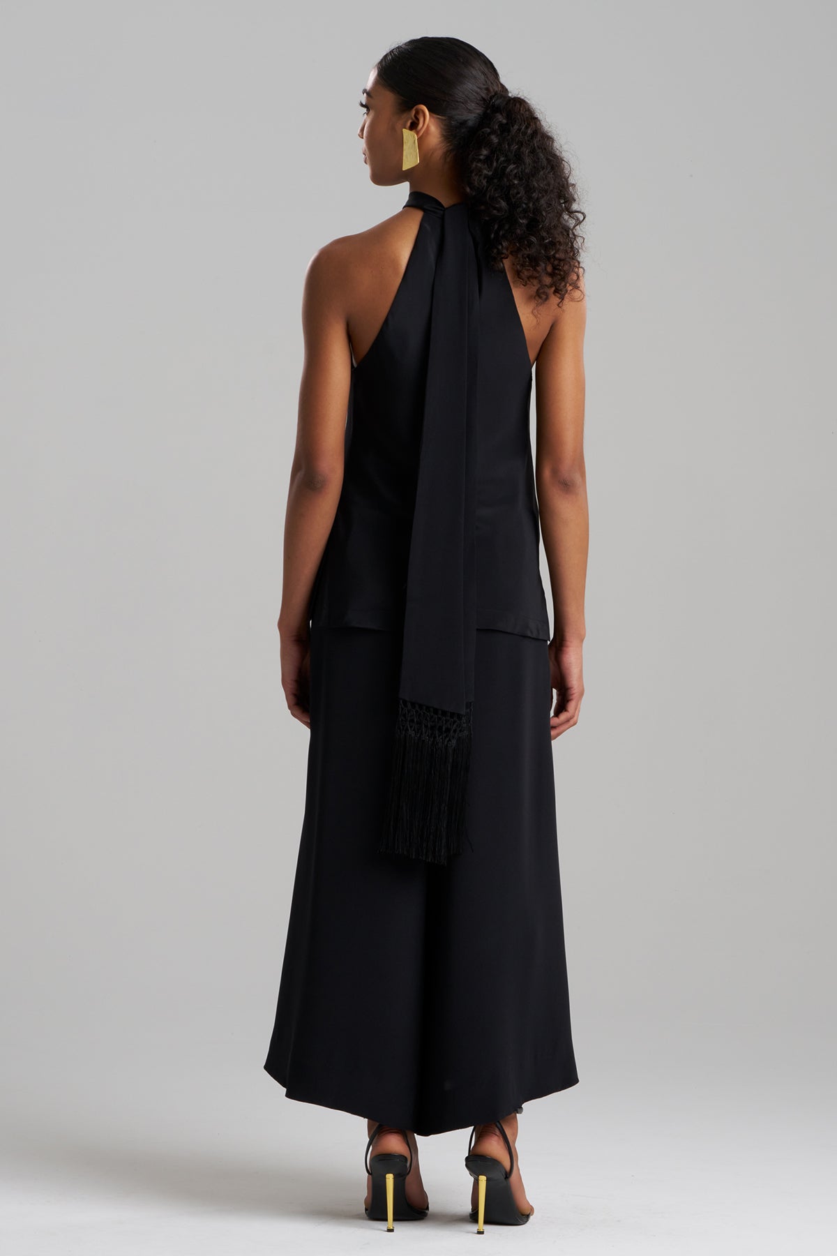 Couture Silk Crepe Fringe Halter Top Black