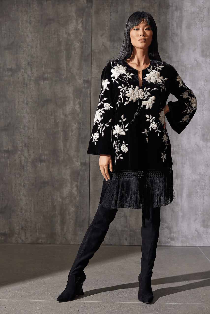 Buy Couture Velvet Silk Embroidered Fringe Tunic in Black Online Black