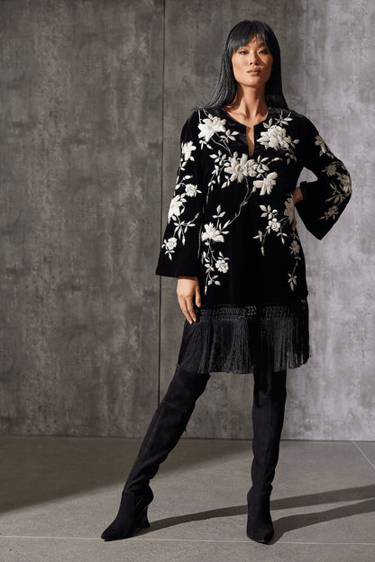 Buy Couture Velvet Silk Embroidered Fringe Tunic in Black Online Black