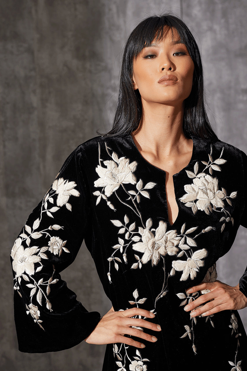 Buy Couture Velvet Silk Embroidered Fringe Tunic in Black Online Black