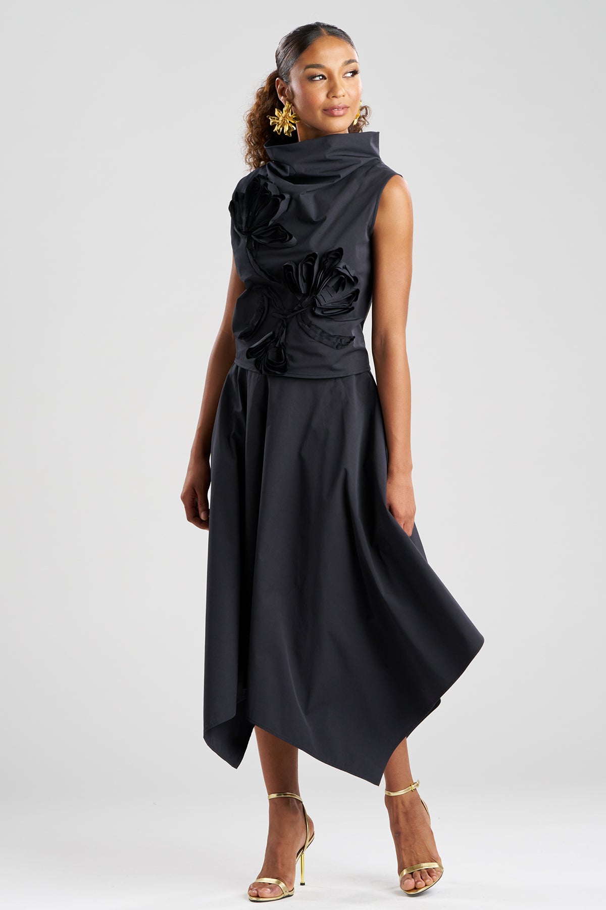 Tech Cotton Taffeta Embroidered Funnel Neck Top Black