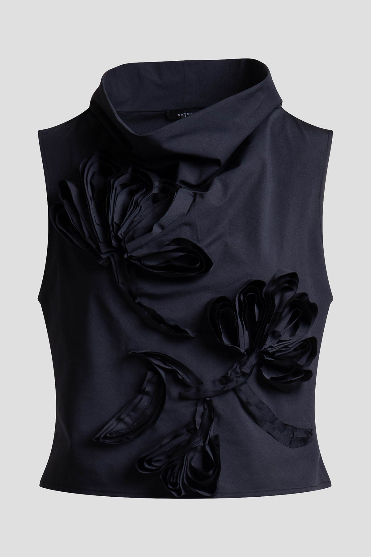 Tech Cotton Taffeta Embroidered Funnel Neck Top Black