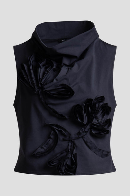 Tech Cotton Taffeta Embroidered Funnel Neck Top Black