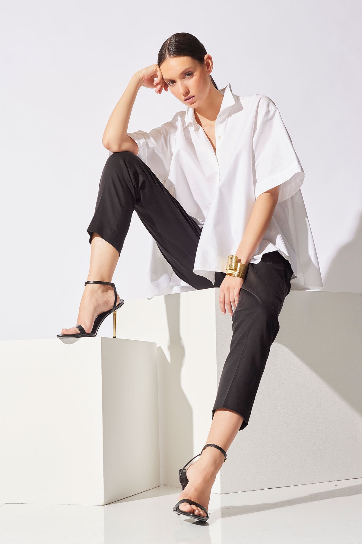 Cotton Poplin Short Sleeve Trapeze Shirt White