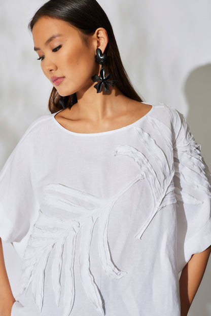 Light Weight Linen Embroidered Caftan Top White
