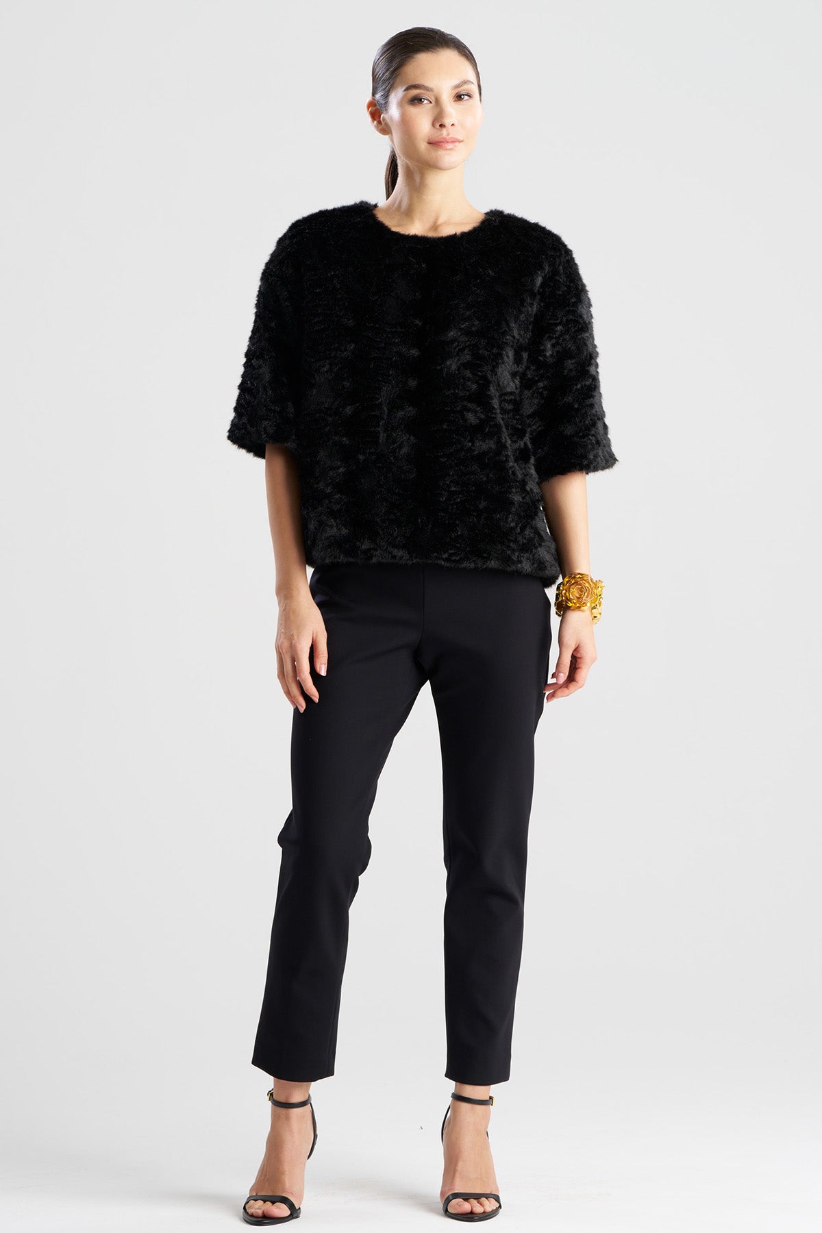 Astrakhan Faux Fur T-Shirt Top Black
