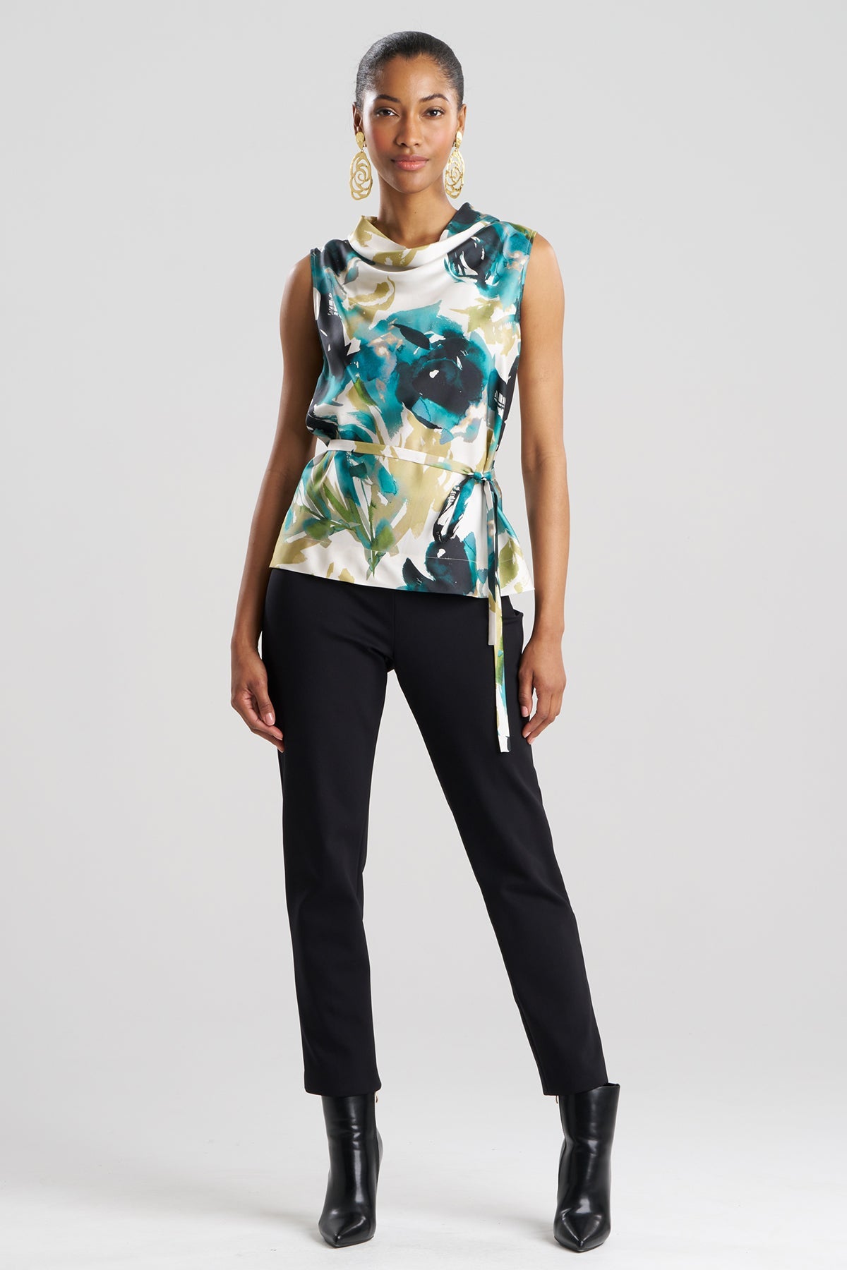 Mira Silk Twill Belted Funnel Neck Top Midnight Teal