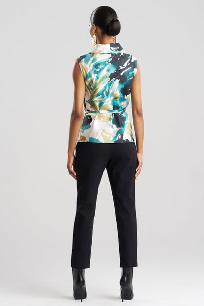 Mira Silk Twill Belted Funnel Neck Top Midnight Teal
