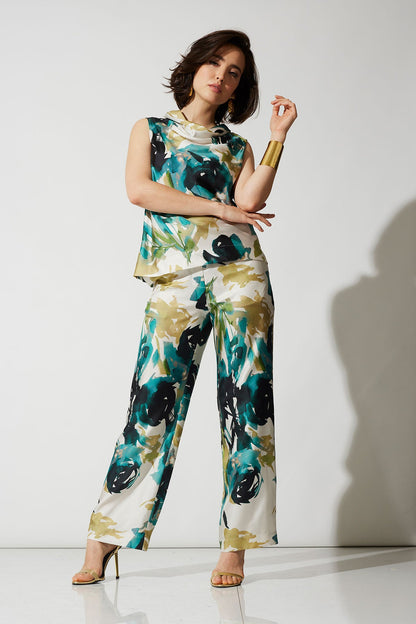 Mira Silk Twill Belted Funnel Neck Top Midnight Teal