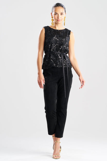 Floral Sequin Lace Belted Sleeveless Top Black