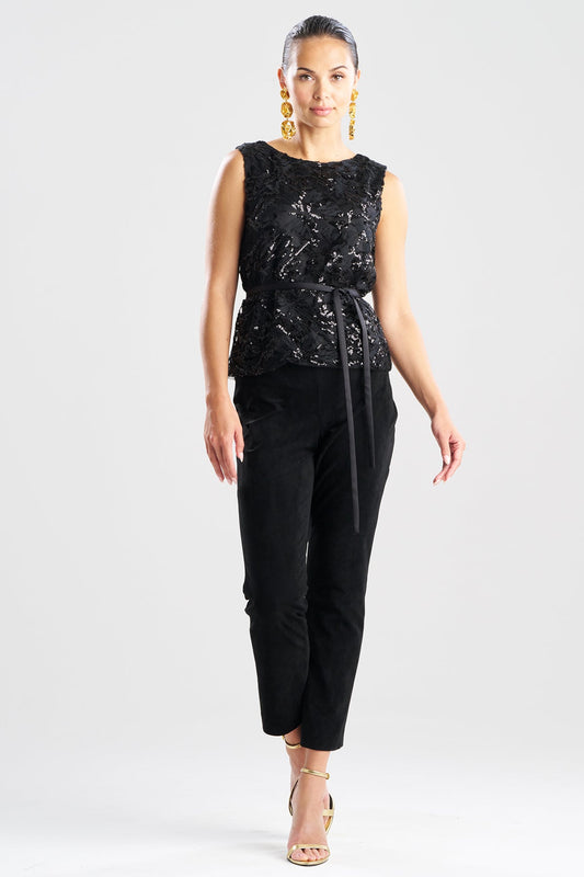 Floral Sequin Lace Belted Sleeveless Top Black