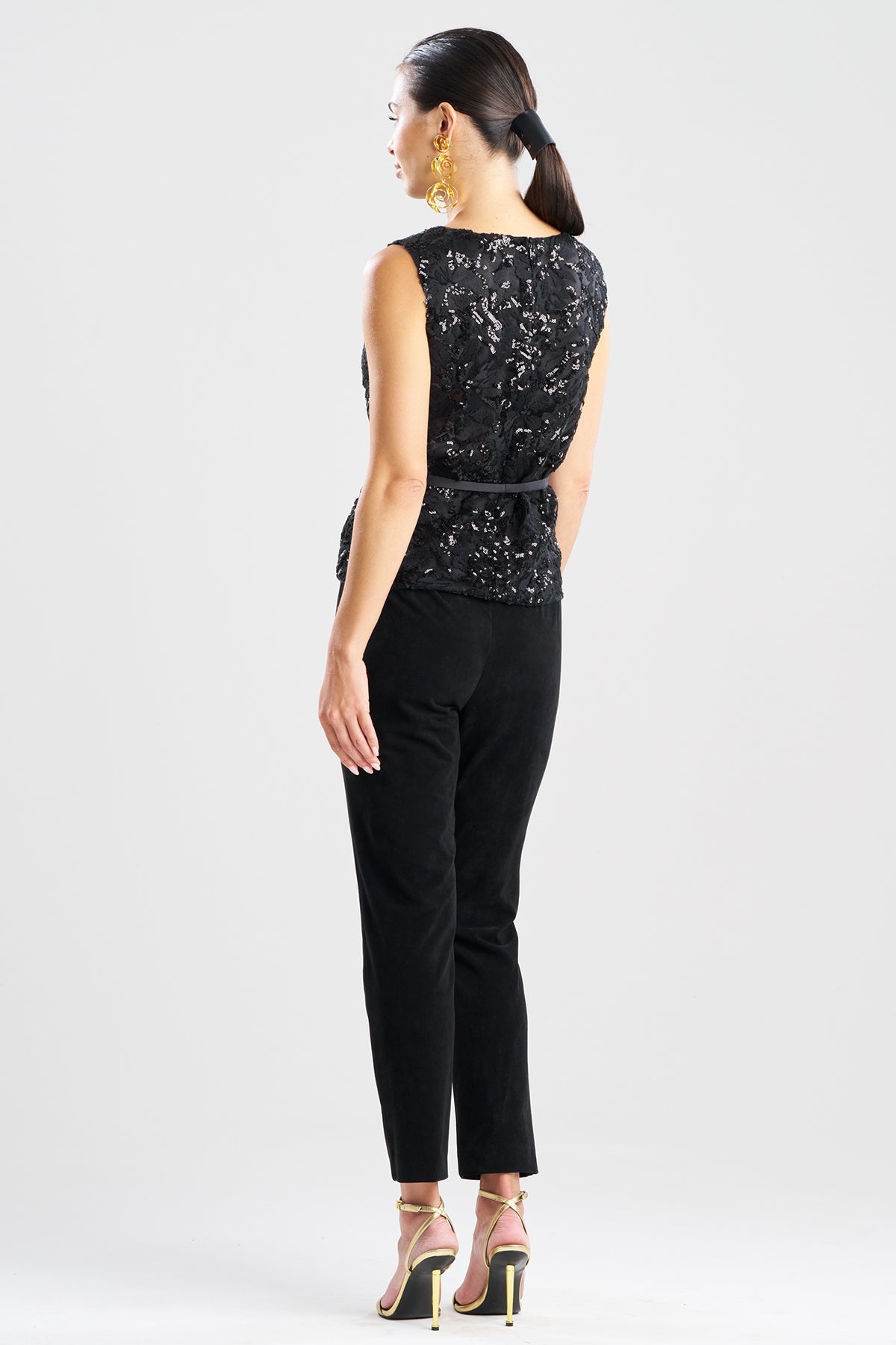 Floral Sequin Lace Belted Sleeveless Top Black
