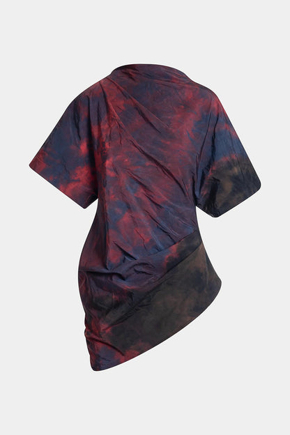 Niji Tie Dye Taffeta Asymmetric Draped Top Red