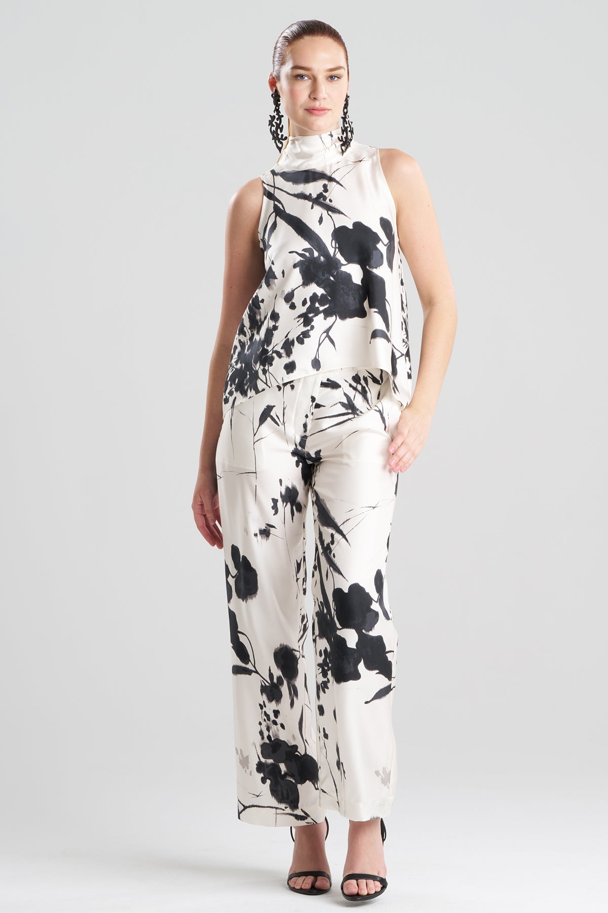 Nara Silk Twill Halter Scarf Top Black/White