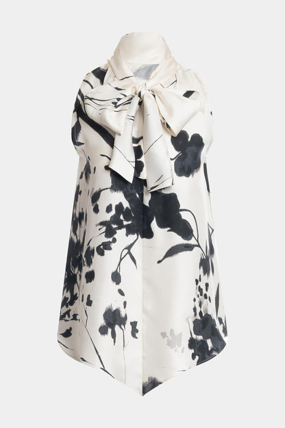 Nara Silk Twill Halter Scarf Top Black/White