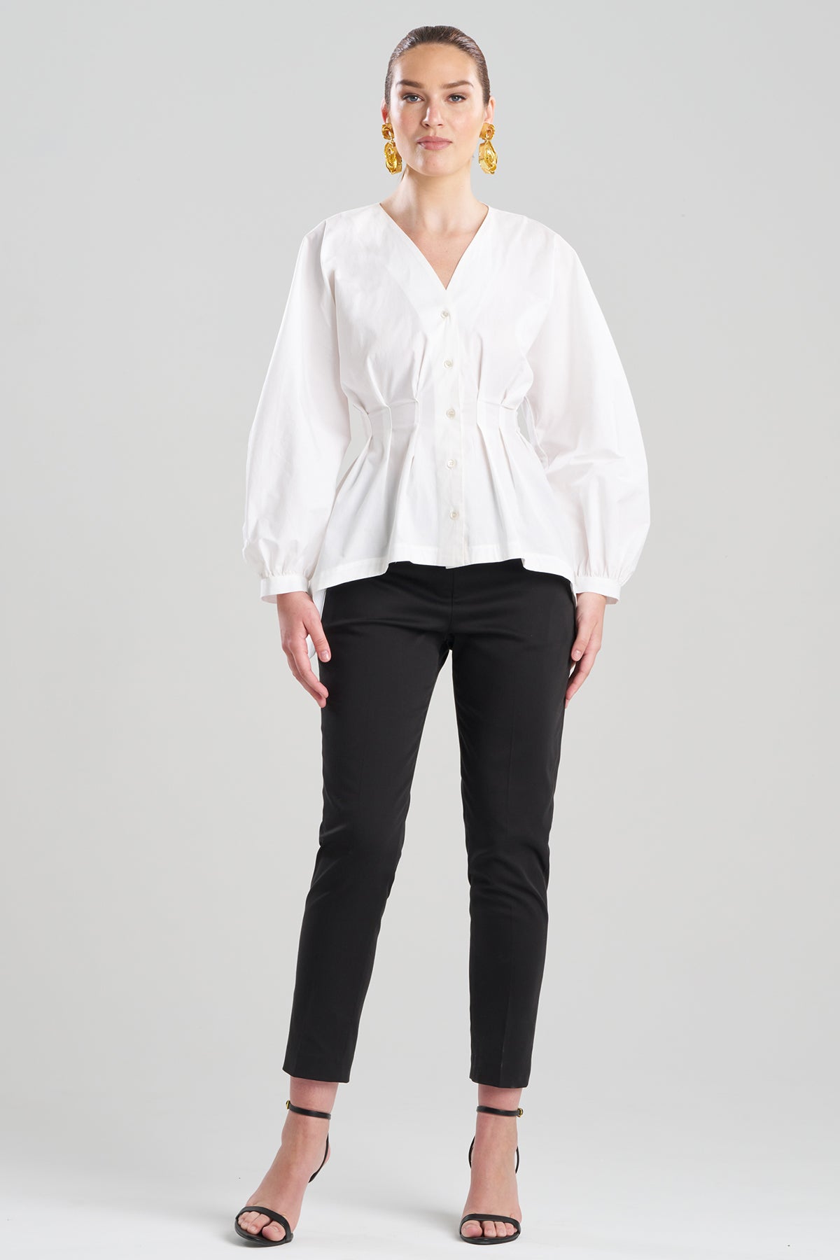 Cotton Poplin V-Neck Pleated Shirt White