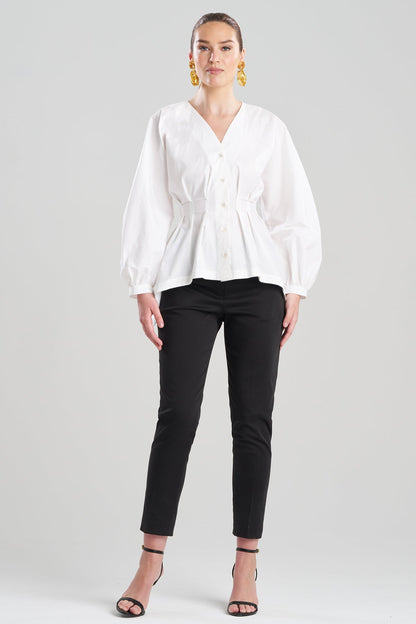 Cotton Poplin V-Neck Pleated Shirt White