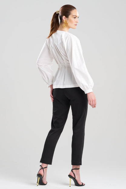 Cotton Poplin V-Neck Pleated Shirt White