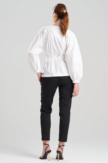 Cotton Poplin V-Neck Pleated Shirt White