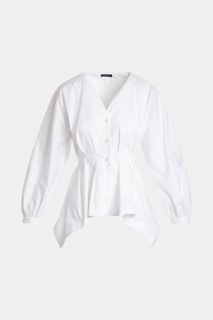 Cotton Poplin V-Neck Pleated Shirt White