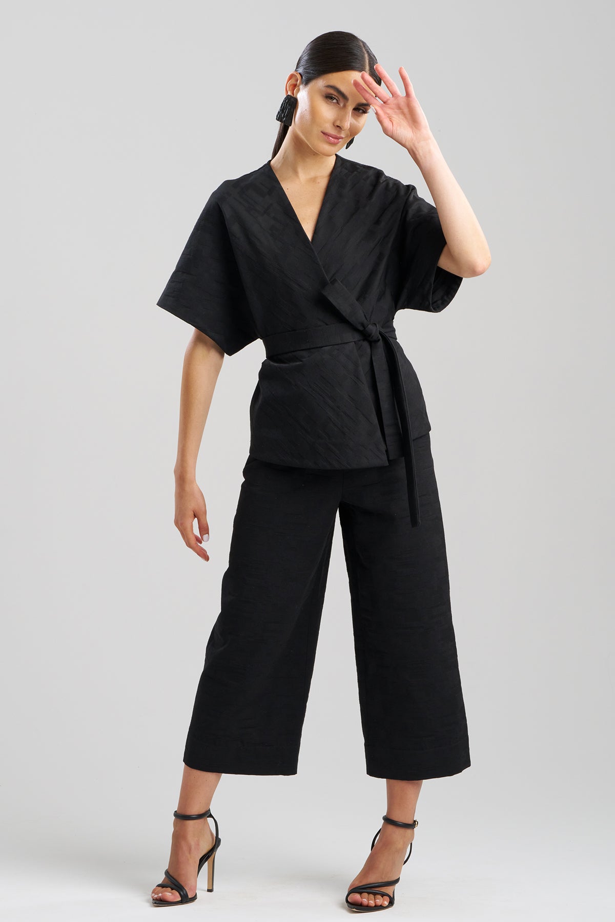 Geo Texture Jacquard Kimono Wrap Top Black