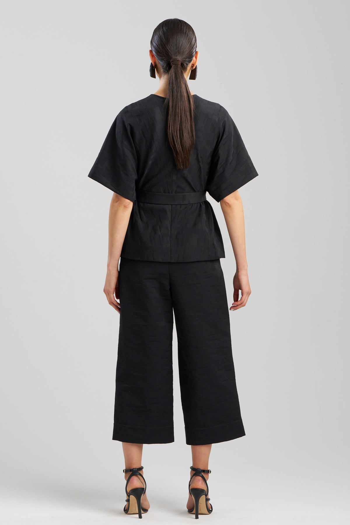 Geo Texture Jacquard Kimono Wrap Top Black