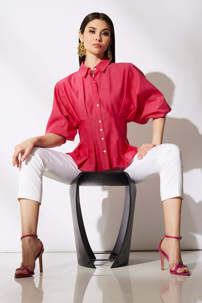 Buy Cotton Silk Slub Pleated Shirt in Azalea Online Azalea