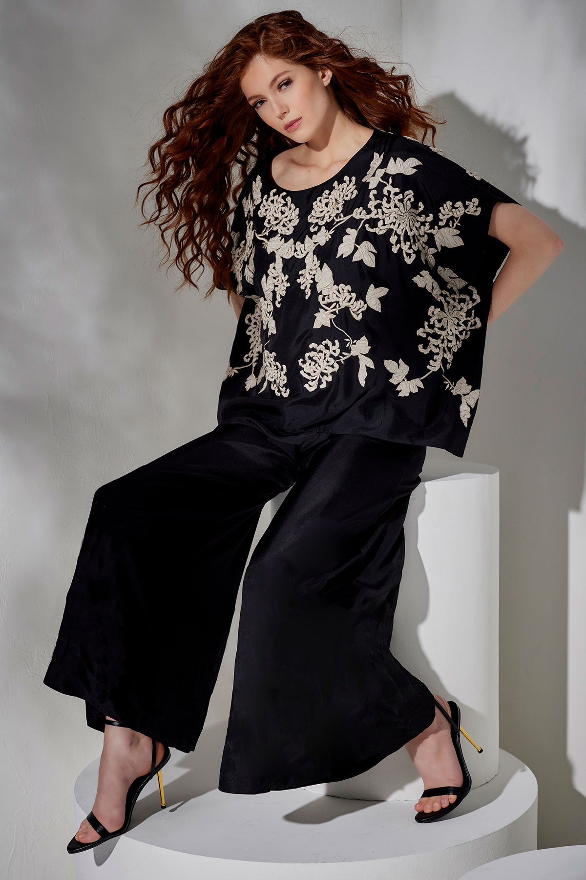 Couture Habotai Embellished Silk Caftan Top Black
