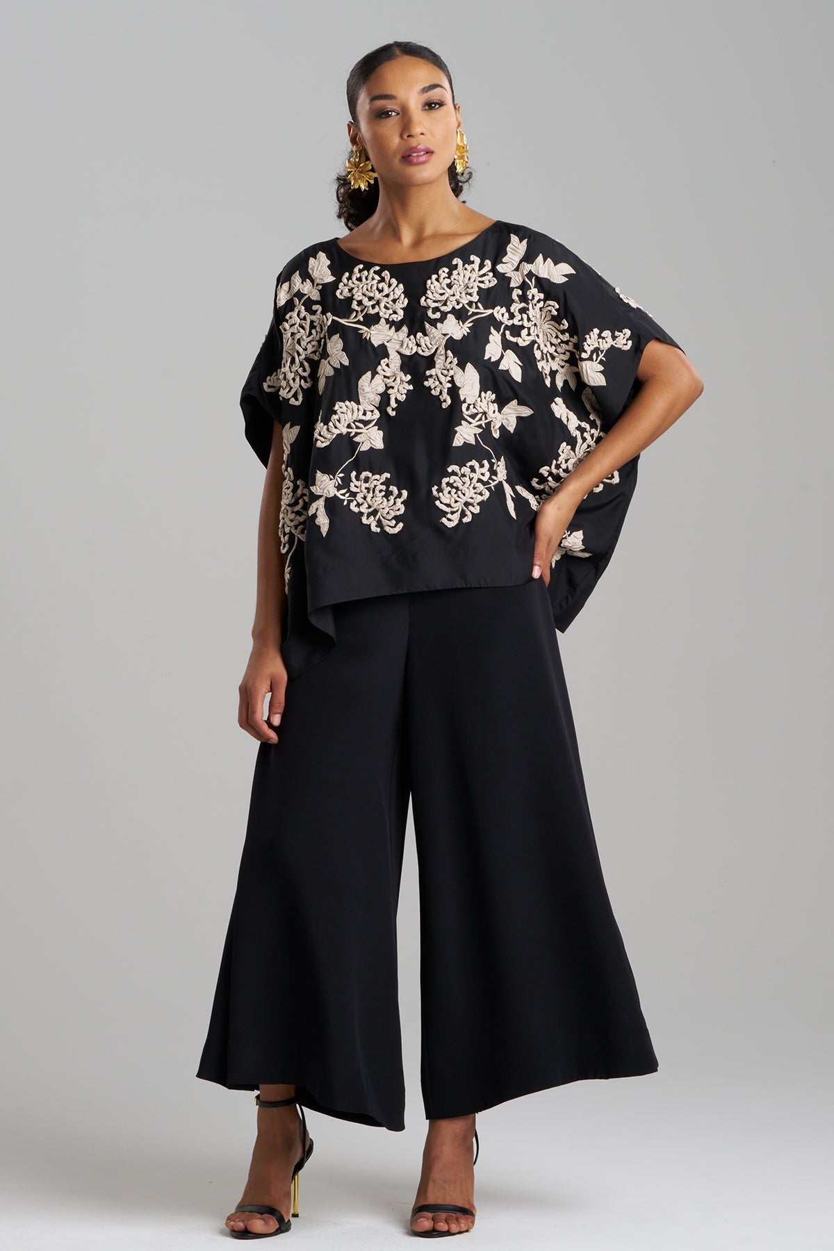 Couture Habotai Embellished Silk Caftan Top Black