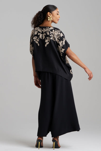 Couture Habotai Embellished Silk Caftan Top Black
