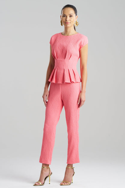 Textured Cotton Jacquard Cap Sleeve Peplum Top Flamingo Pink