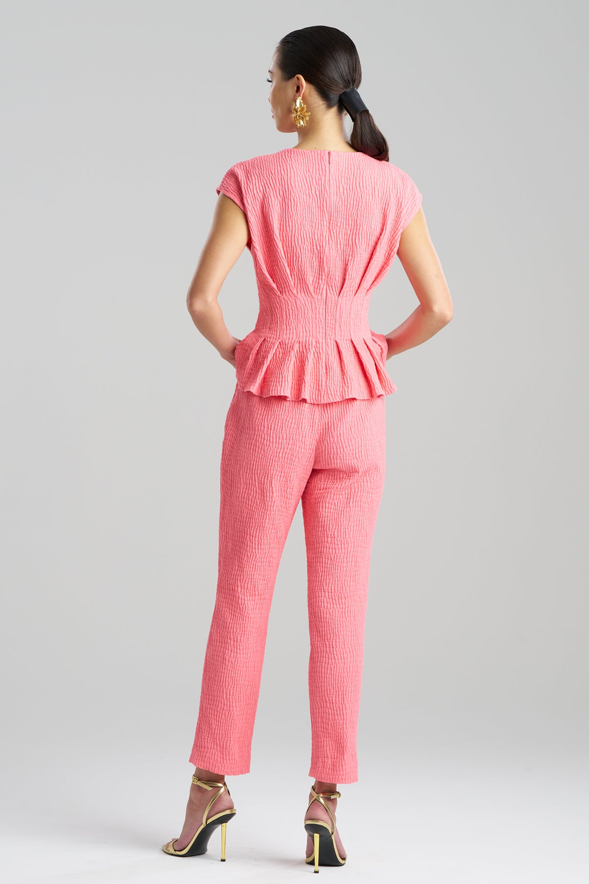 Textured Cotton Jacquard Cap Sleeve Peplum Top Flamingo Pink
