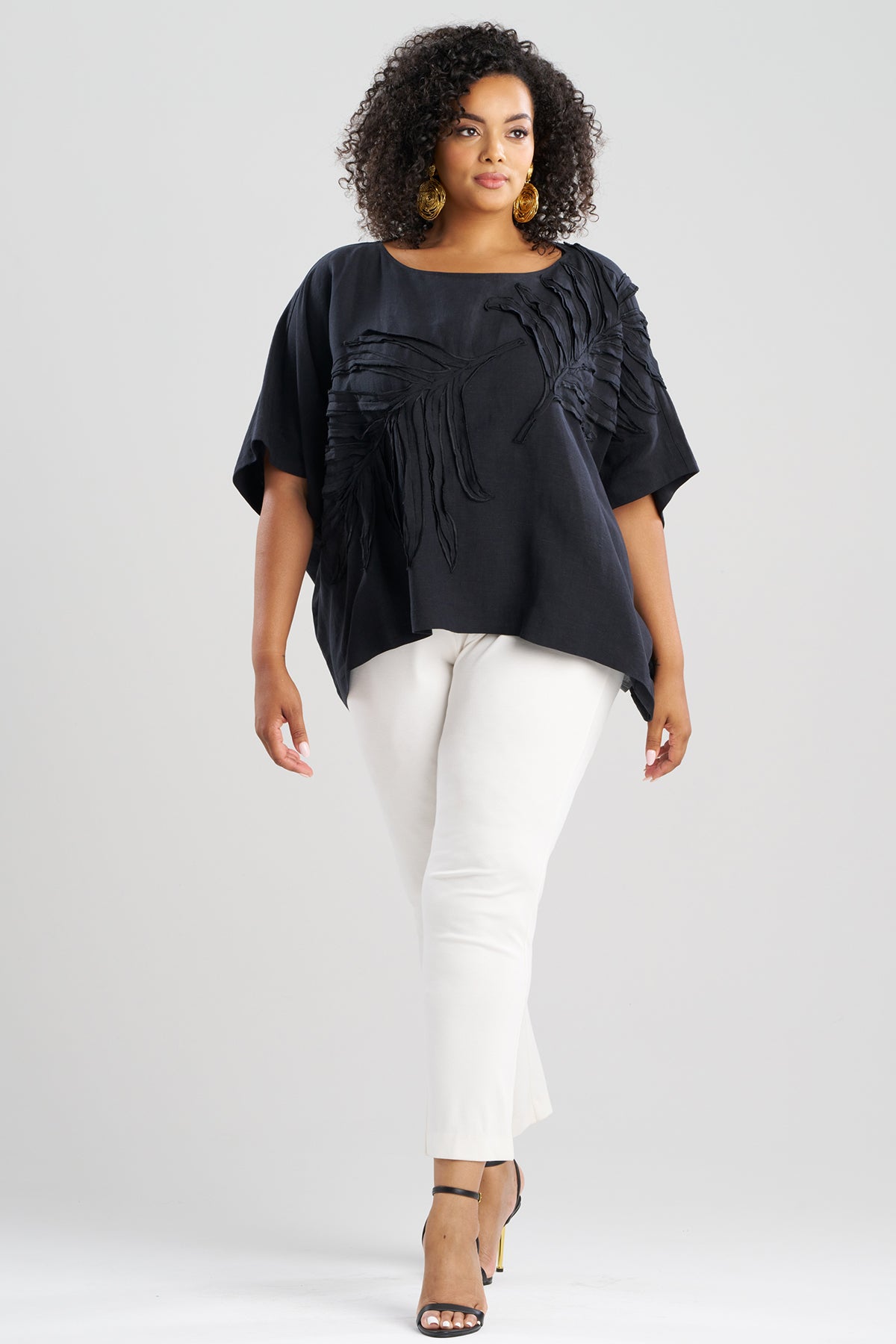 Light Weight Linen Embroidered Caftan Top Black