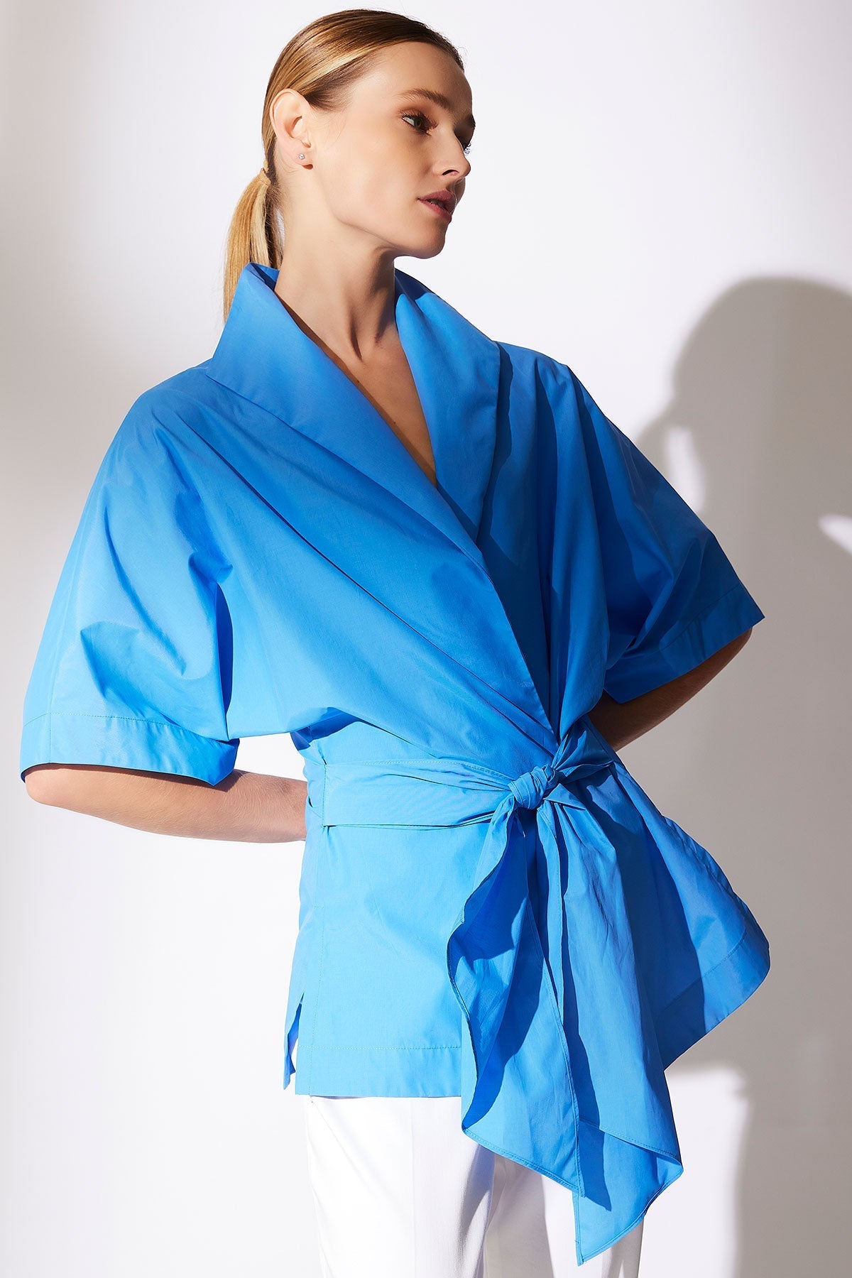 Techno Poplin Wrap Top Aster Blue