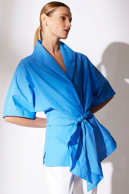 Techno Poplin Wrap Top Aster Blue