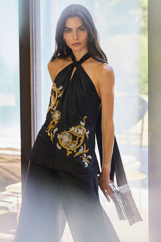 Buy Silk Dupioni Embroidered Halter Top in Black Online Black