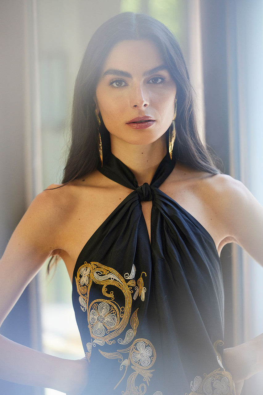 Buy Silk Dupioni Embroidered Halter Top in Black Online Black