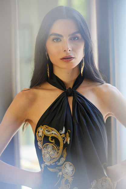 Buy Silk Dupioni Embroidered Halter Top in Black Online Black