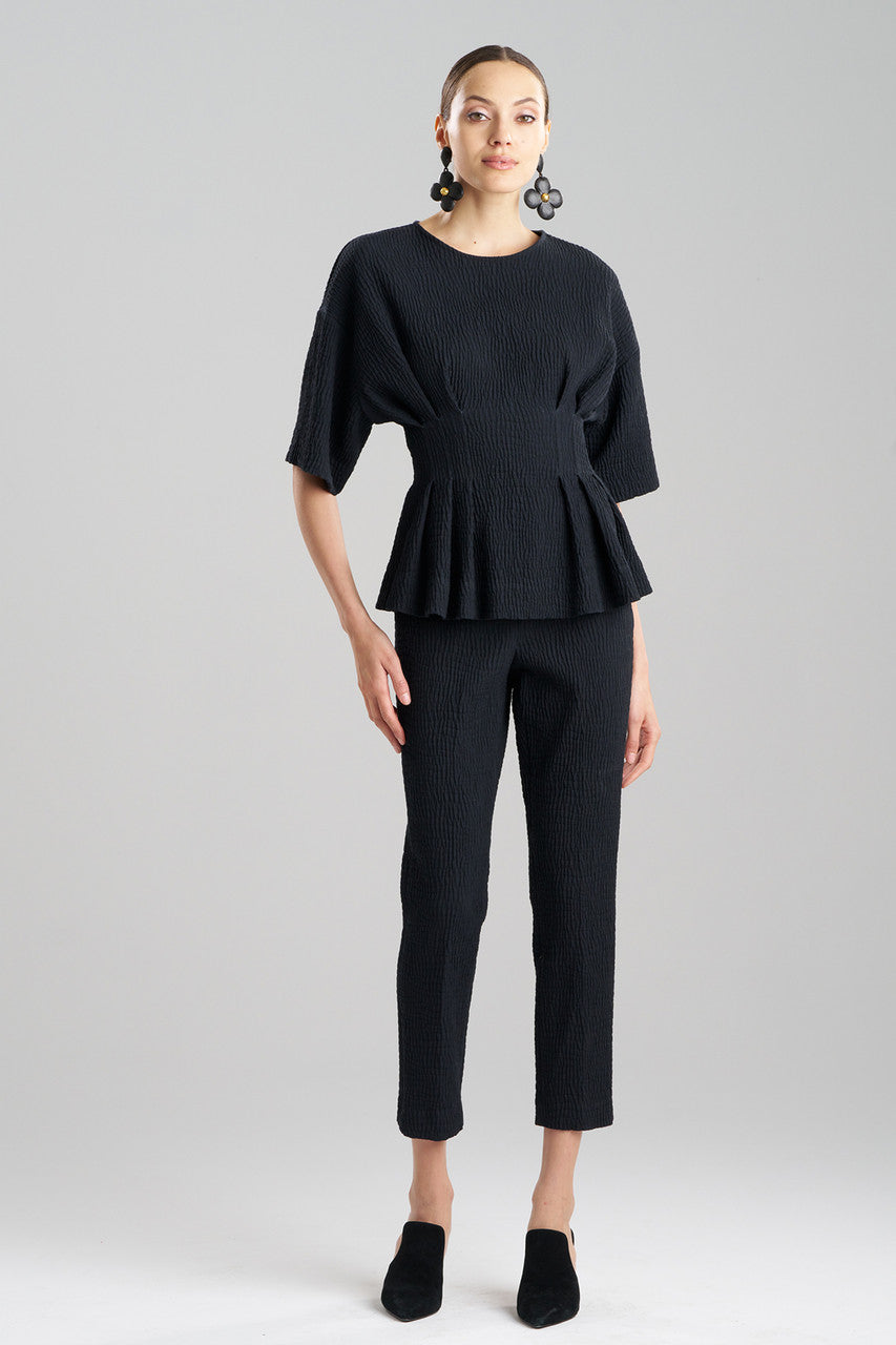 Buy Textured Cotton Jacquard Pleated Peplum Top in Black Online Black