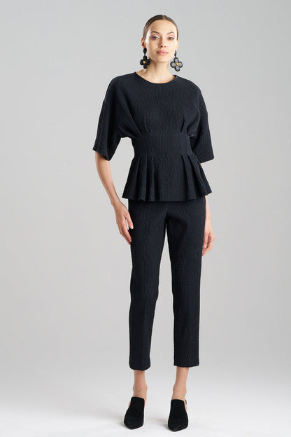 Buy Textured Cotton Jacquard Pleated Peplum Top in Black Online Black
