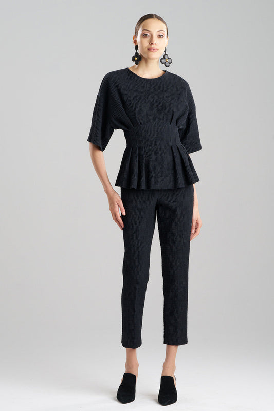 Buy Textured Cotton Jacquard Pleated Peplum Top in Black Online Black