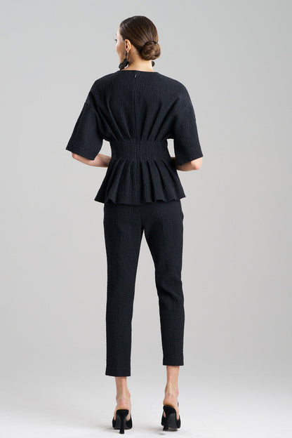 Buy Textured Cotton Jacquard Pleated Peplum Top in Black Online Black